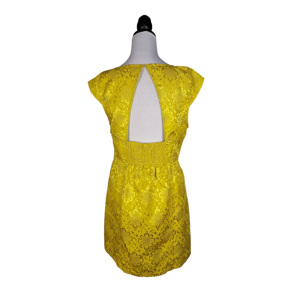 Urban Outfitters Mini Dress Yellow Jacquard Open Back Retro Mod Glam Coquette L - Picture 3 of 8